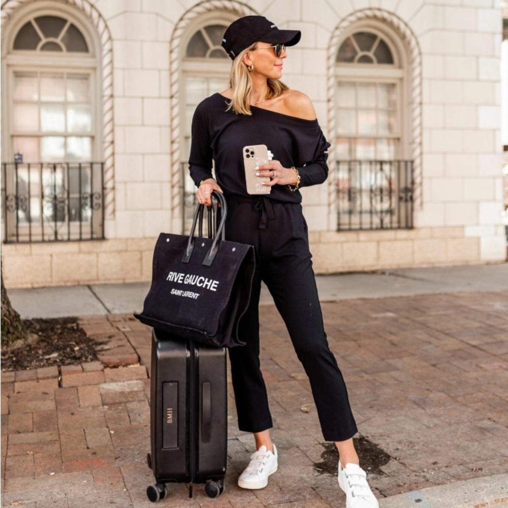 Splendid x Cella Jane Blog Black Off The Shoulder Long Sleeve Jumpsuit Sz Small